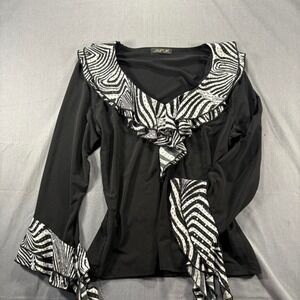 Jaipur womens small black zebra print ruffled long sleeve v neck tops